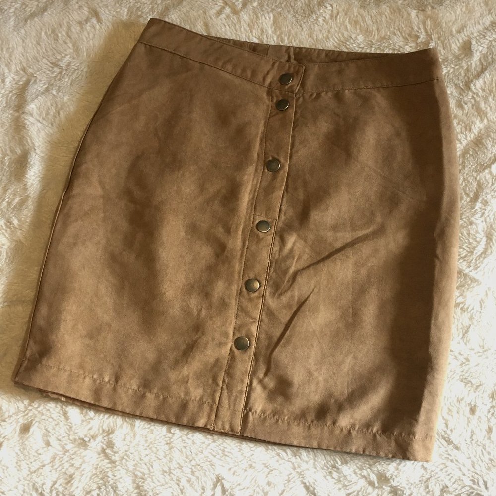 Vintage Tan Vegan Suede Mini Skirt - Button Front A-Line - S